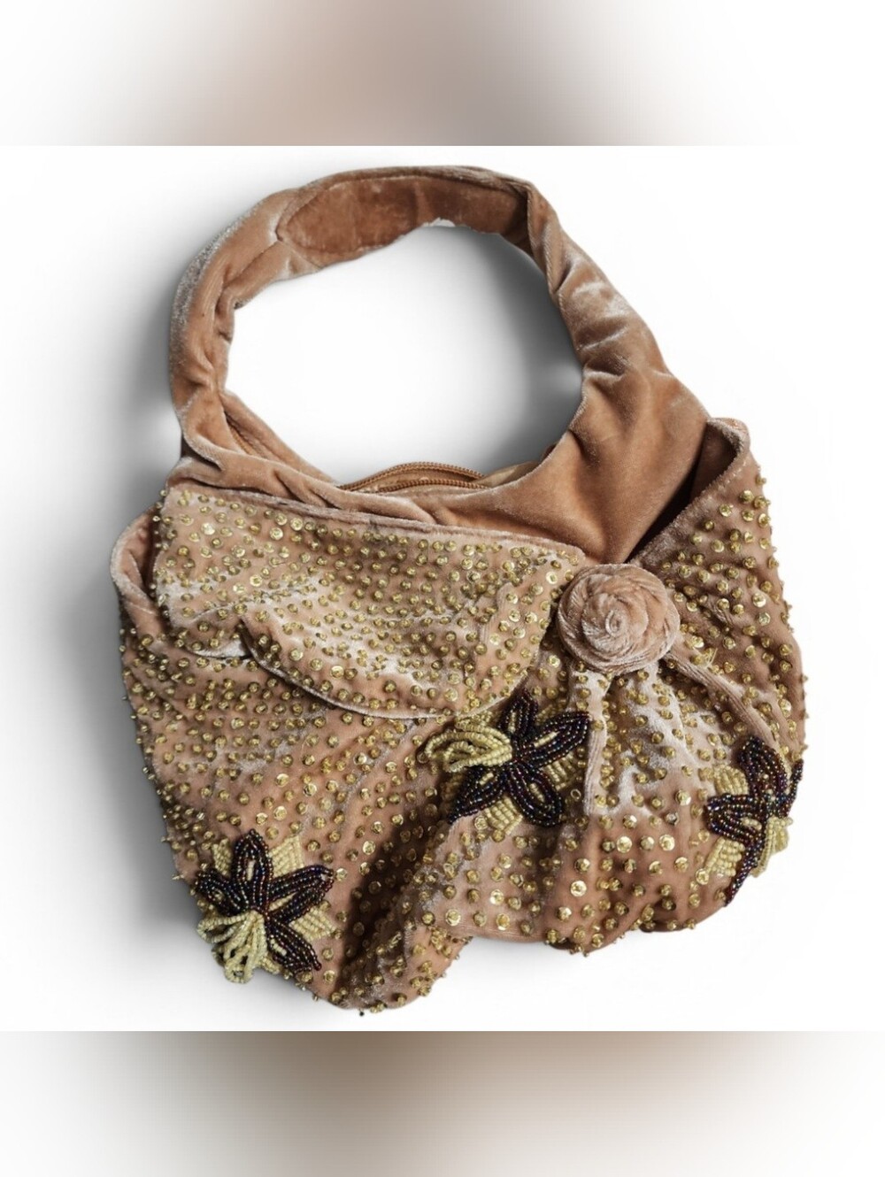 Vintage Y2K Antik Batik Boho Bohemian Plush Tan Velvet Beaded Sequined Handbag